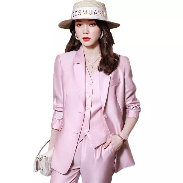 2022 Fashion New Ladies Business Solid Color Suits Trousers Waistcoat /Pink Commuter Blazers Jacket Pants Vest Set