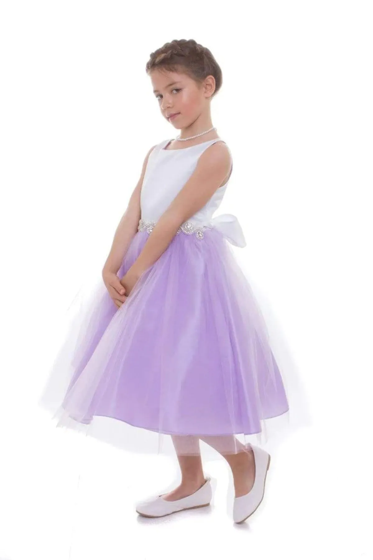 Abigail Satin Two-Tone Girls Dress with Swirl Rhinestone Belt and Plus Size