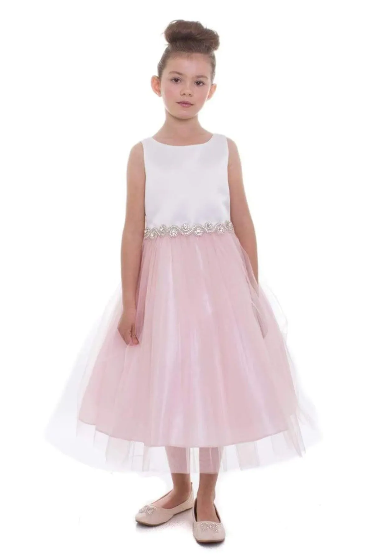 Abigail Satin Two-Tone Girls Dress with Swirl Rhinestone Belt and Plus Size