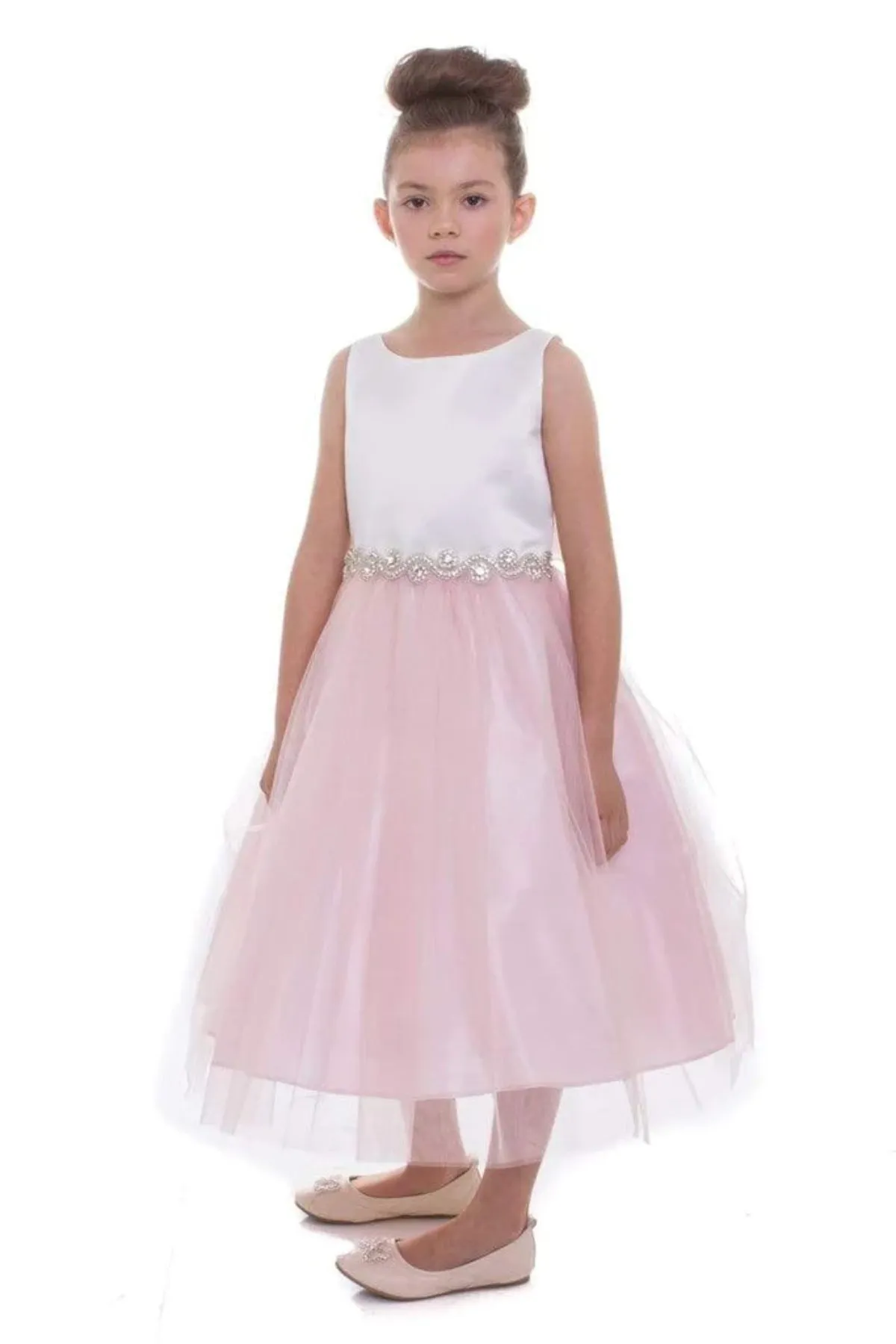 Abigail Satin Two-Tone Girls Dress with Swirl Rhinestone Belt and Plus Size