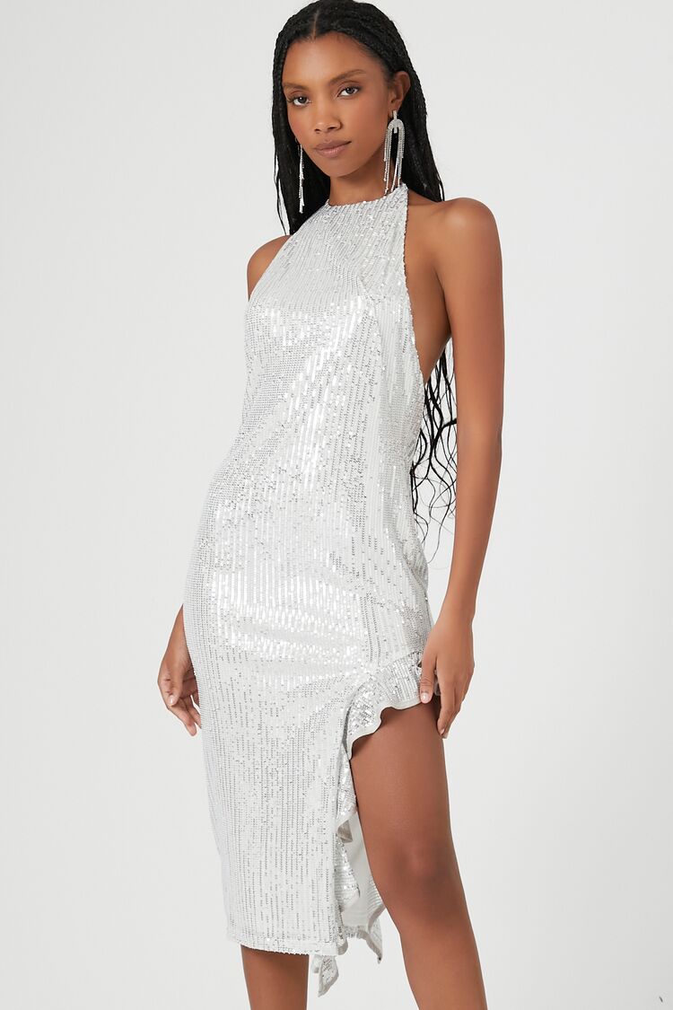 Asymmetrical Sequin Halter Midi Dress