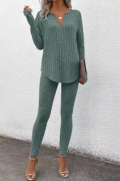 Basic Bae Notched Long Sleeve Top and Pants Set