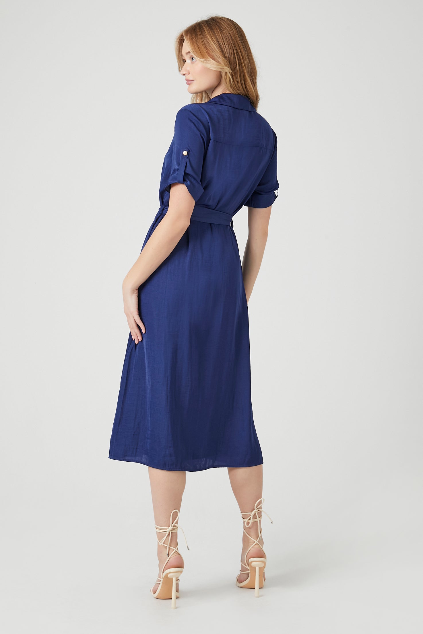 Belted Satin Shirt Midi Dress