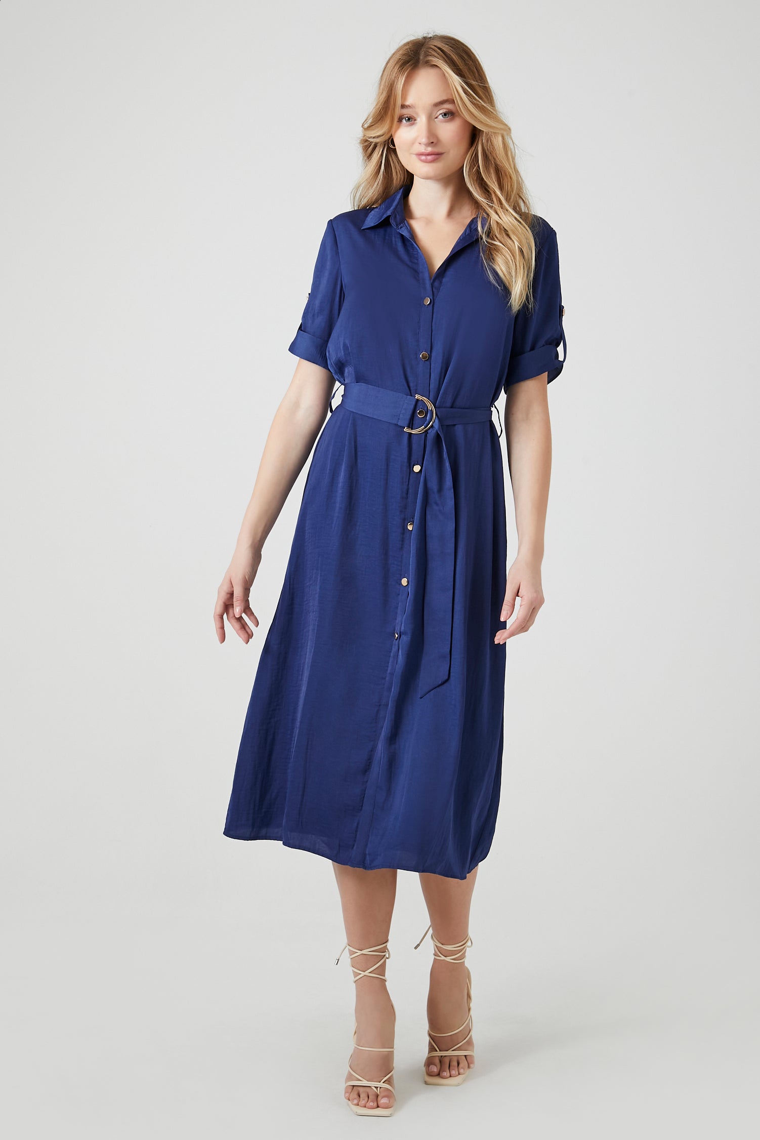 Belted Satin Shirt Midi Dress