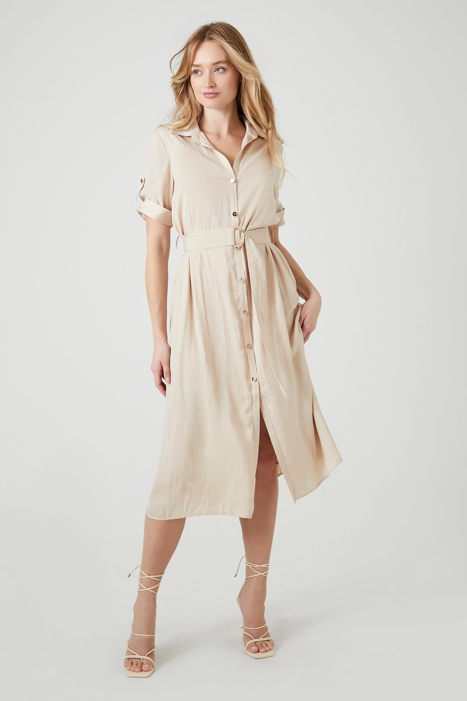 Belted Satin Shirt Midi Dress