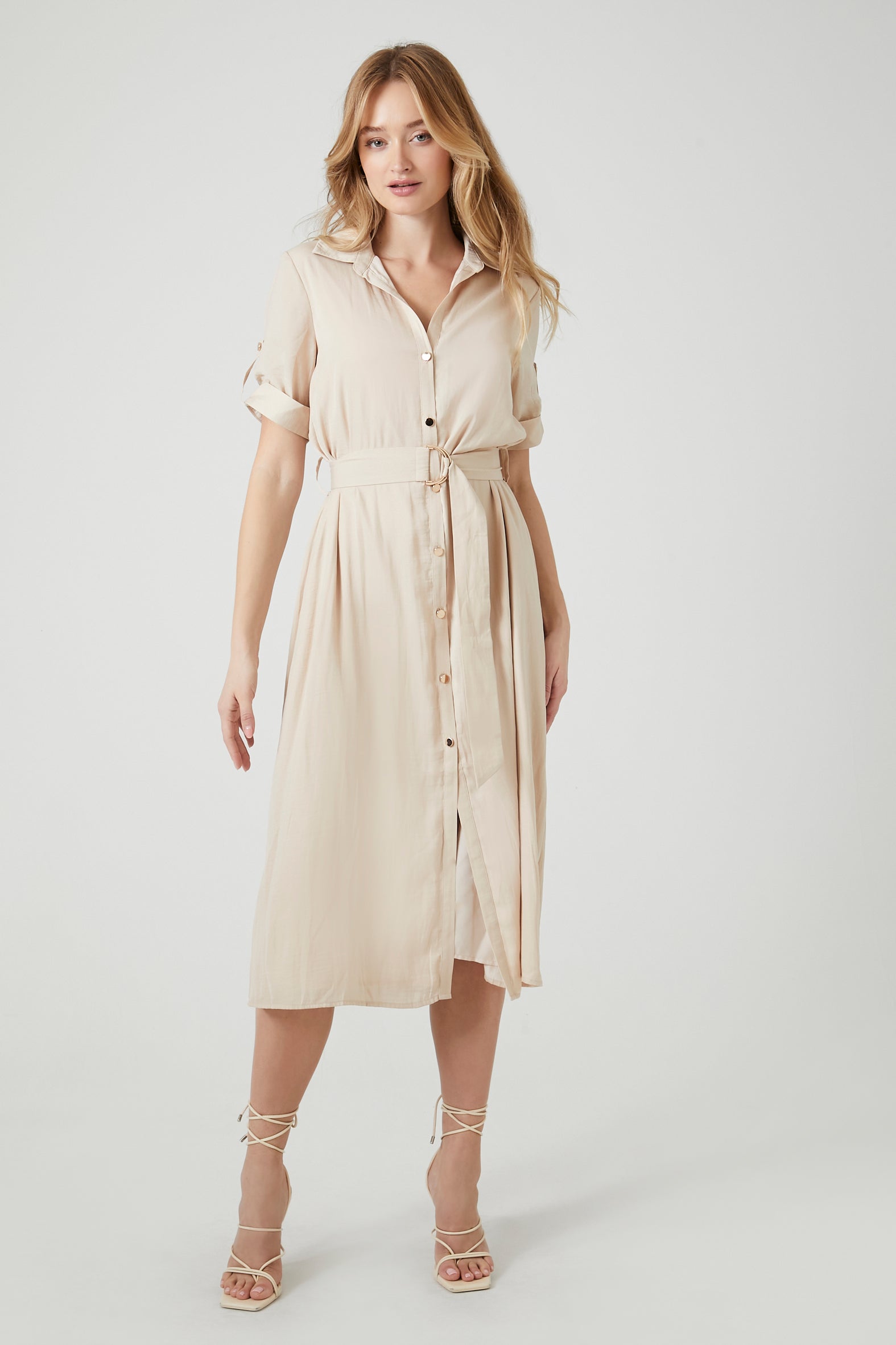 Belted Satin Shirt Midi Dress