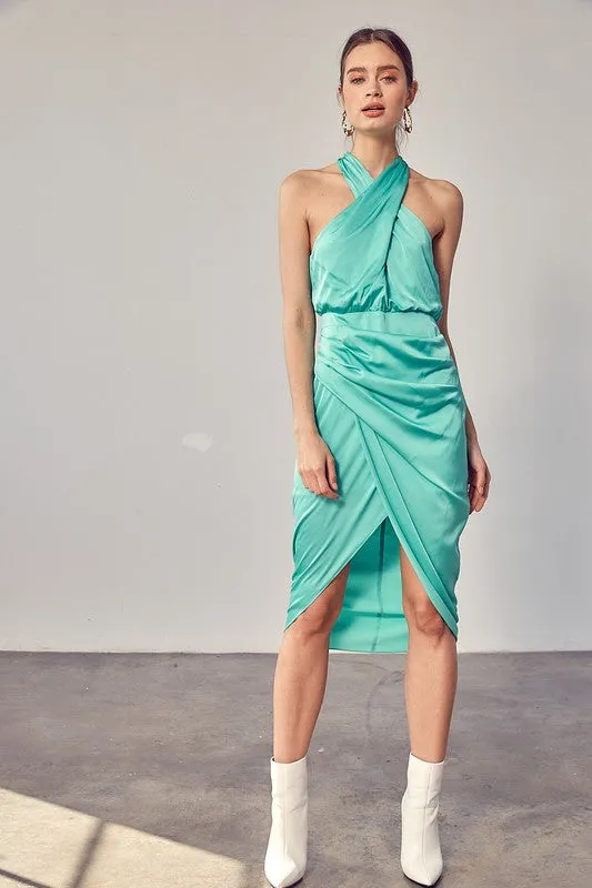 Biscay Green Wrap Cross Neck Dress