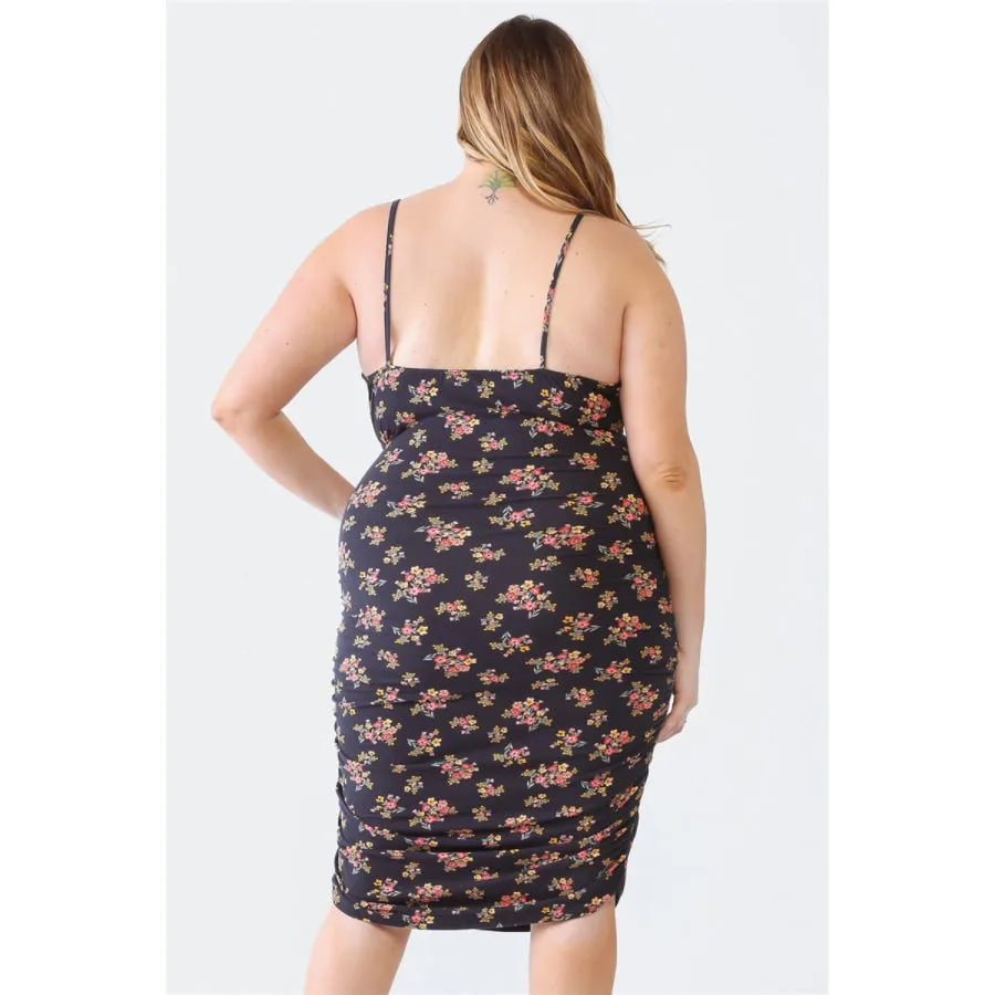 Blue Leopard Plus Size Ruched Floral Square Neck Cami Dress