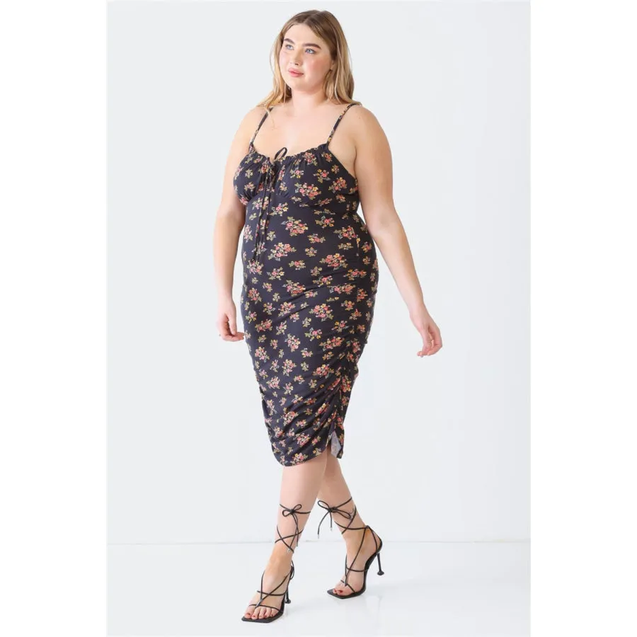 Blue Leopard Plus Size Ruched Floral Square Neck Cami Dress