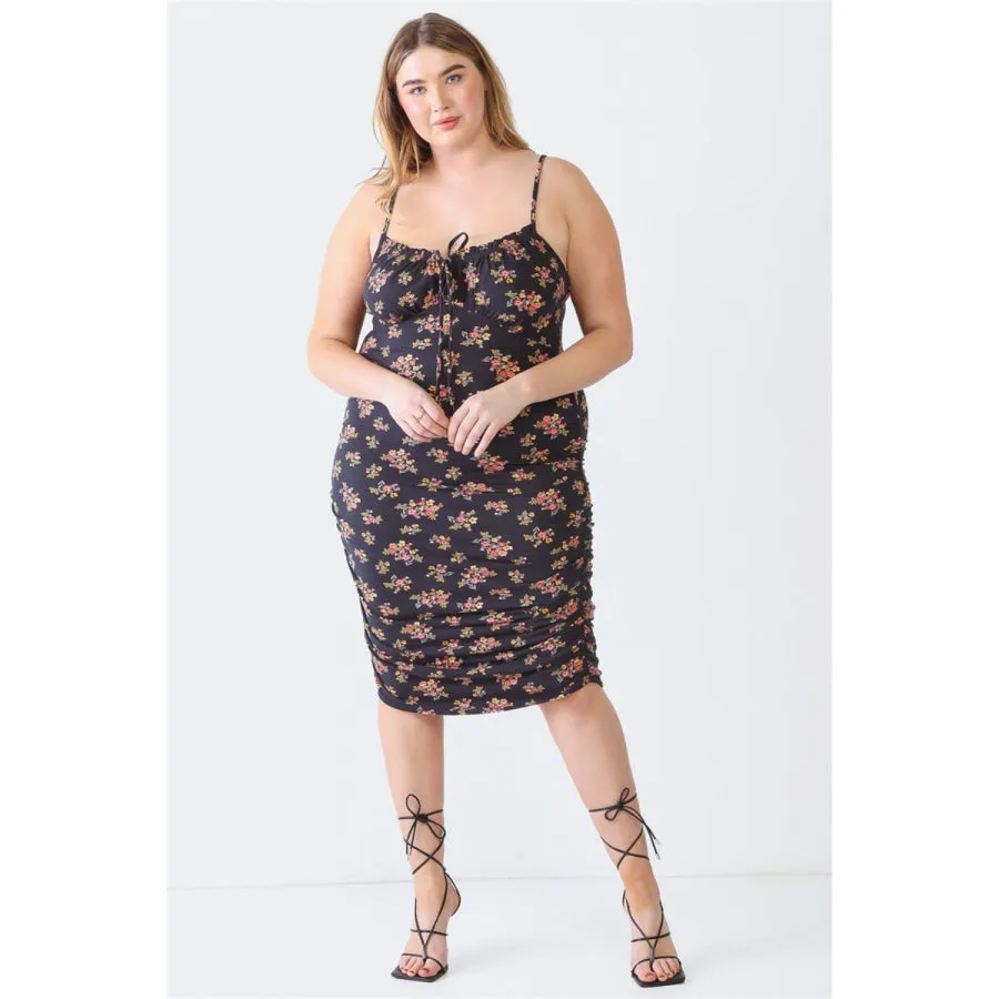 Blue Leopard Plus Size Ruched Floral Square Neck Cami Dress