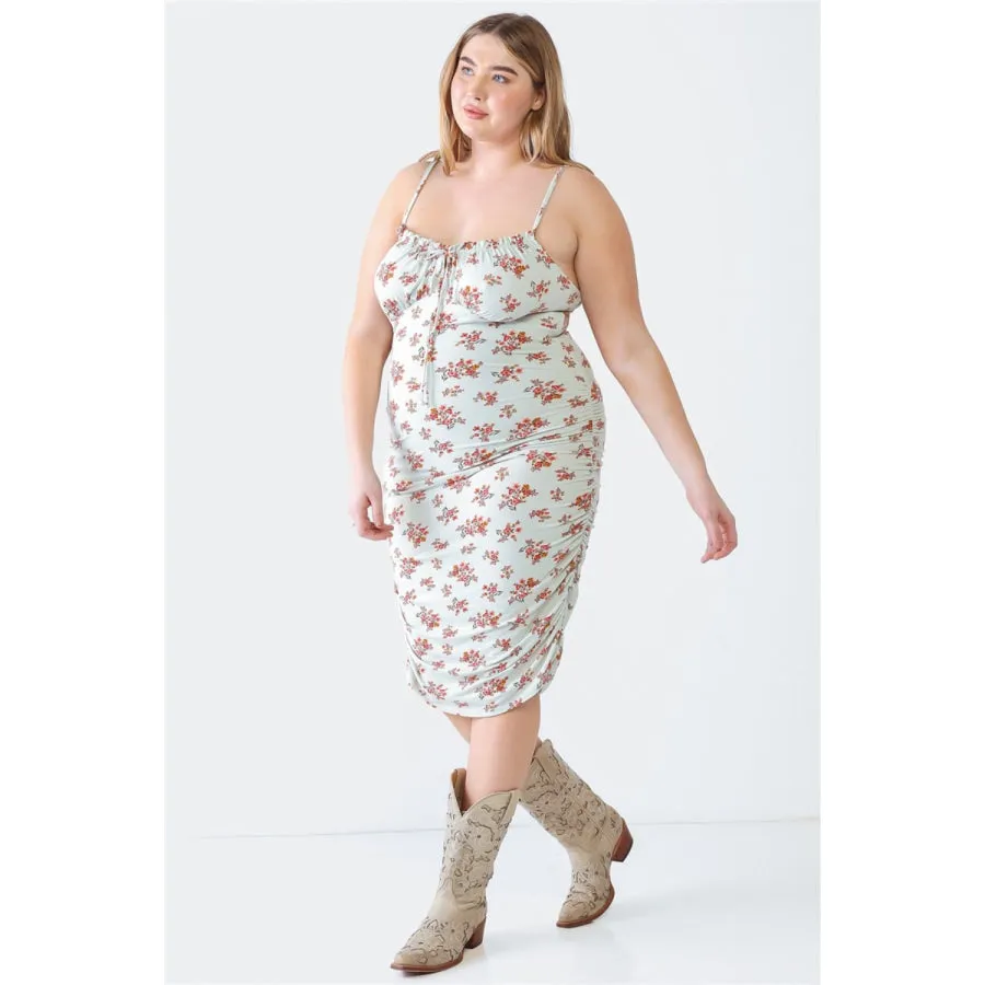 Blue Leopard Plus Size Ruched Floral Square Neck Cami Dress