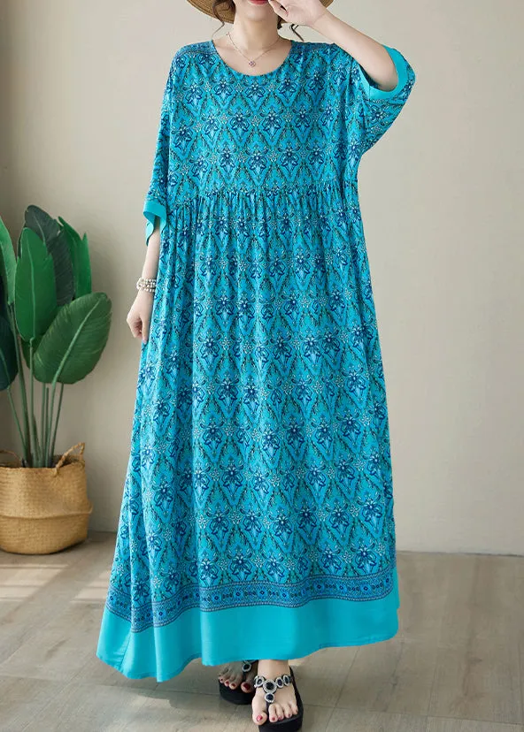 Blue Print Plus Size Cotton Long Dress O Neck Summer