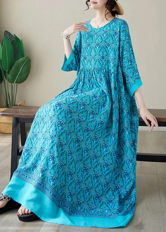 Blue Print Plus Size Cotton Long Dress O Neck Summer