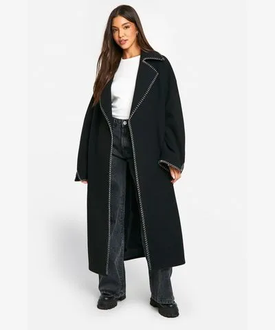 boohoo Womens Contrast Stitch Belted Wool Look Coat