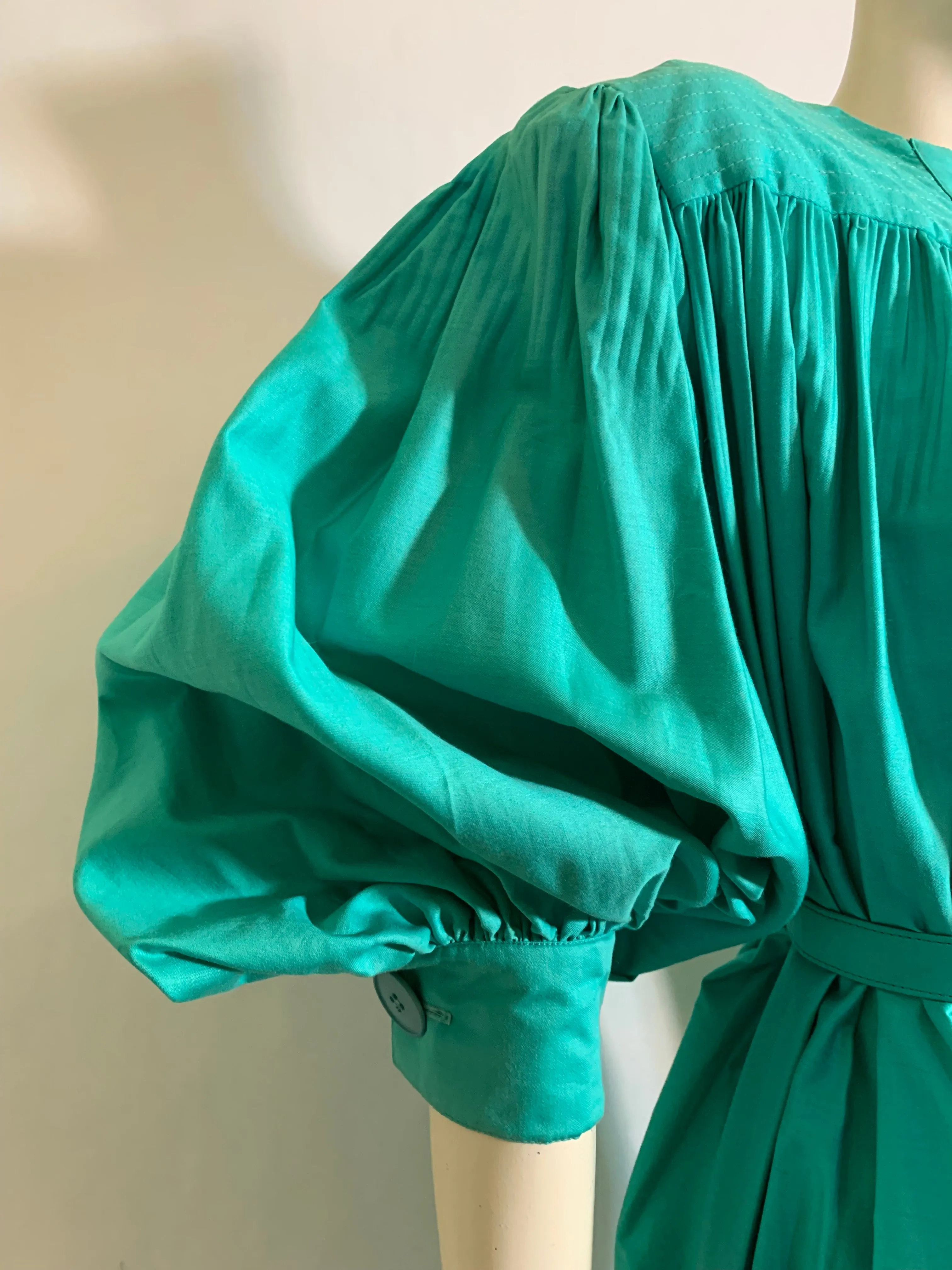 Bright Teal Cotton Belted Tent Dress with Voluminous Puff Sleeves circa 1980s