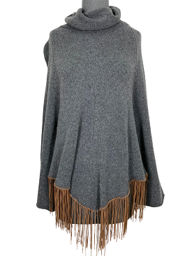 Brunello Cucinelli Cashmere Leather Fringe Rikki Poncho Sweater Size S