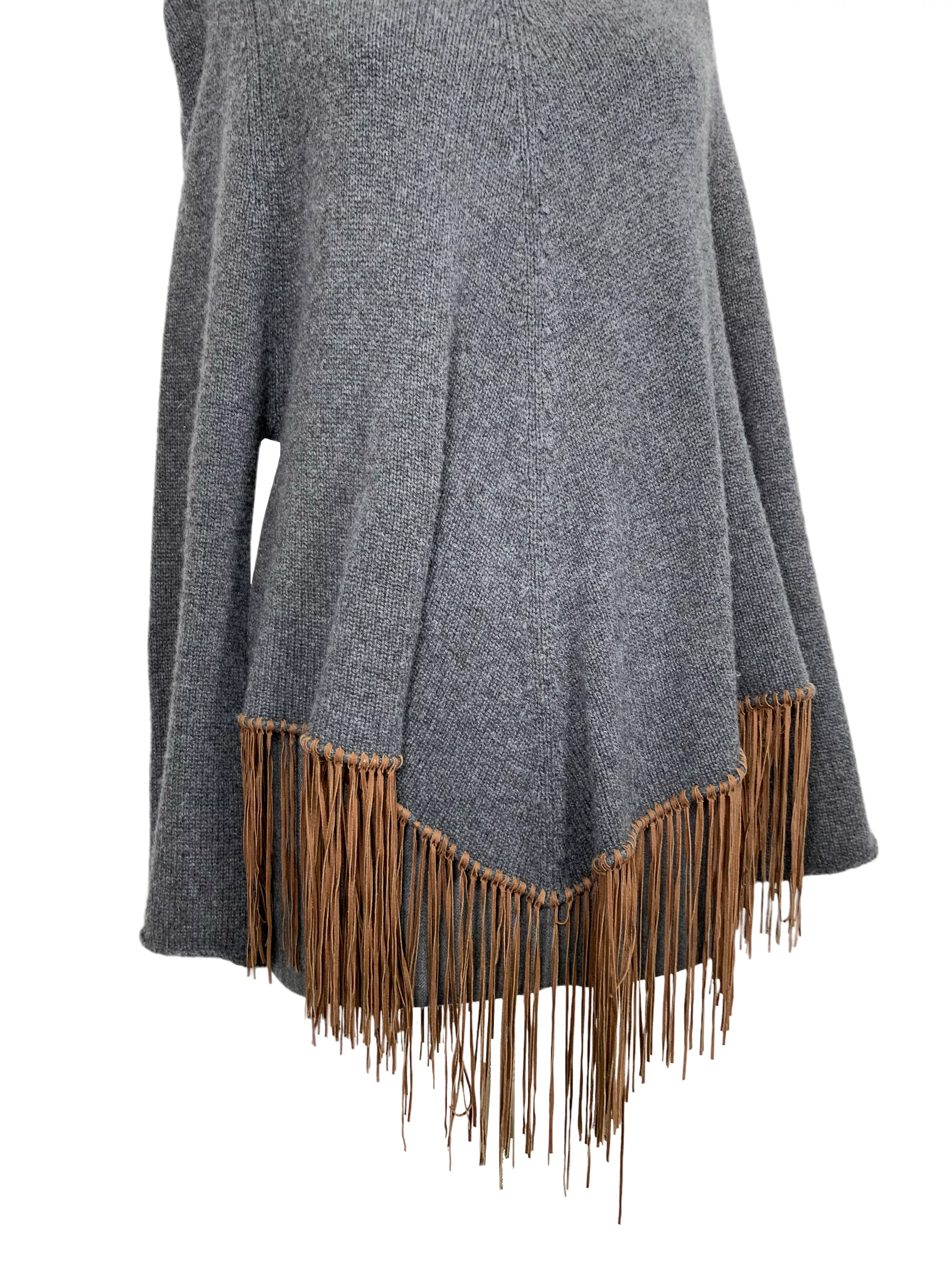 Brunello Cucinelli Cashmere Leather Fringe Rikki Poncho Sweater Size S