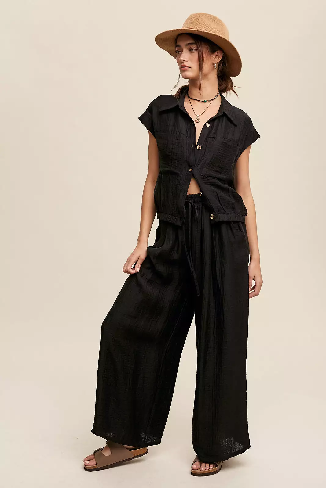 Button Down Top and Pleated Wide Leg Pants Set