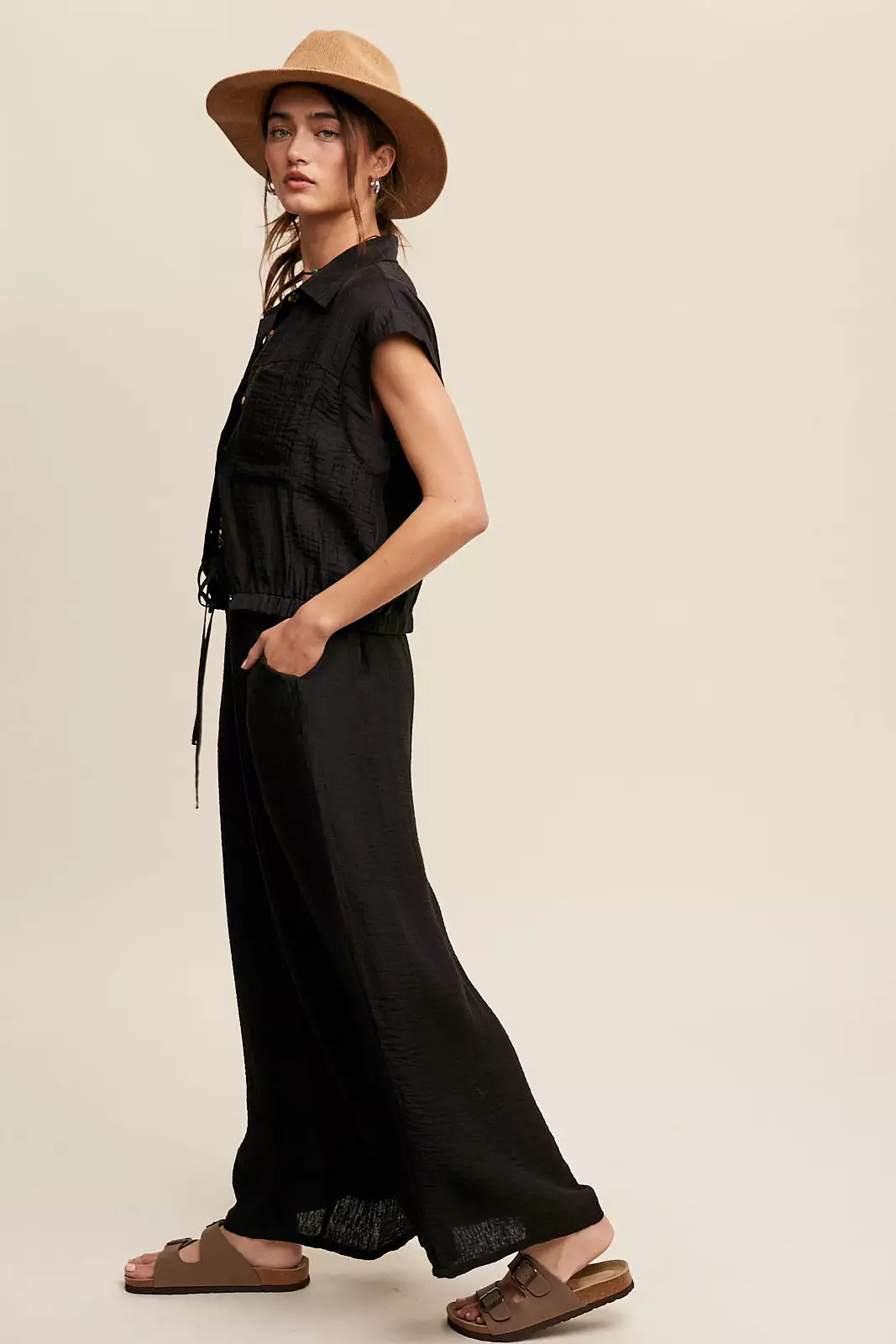 Button Down Top and Pleated Wide Leg Pants Set