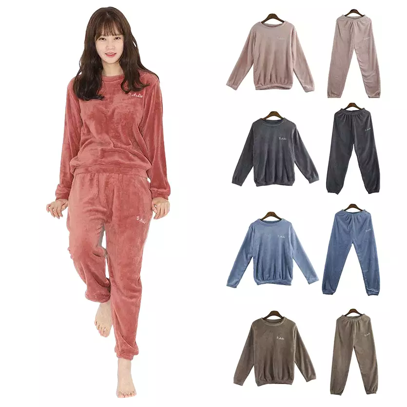 Casual Microfiber Night Homewear Pajamas Cute Shearling Tops Pants SET Womens Korean K-pop Style Winter Fleece Warm Soft Suits L