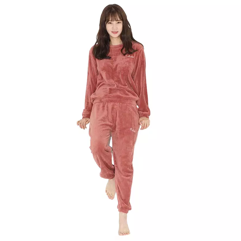 Casual Microfiber Night Homewear Pajamas Cute Shearling Tops Pants SET Womens Korean K-pop Style Winter Fleece Warm Soft Suits L