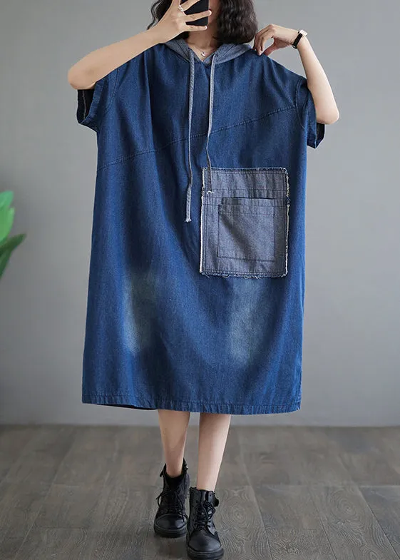 Casual Plus Size Blue Hooded Patchwork Denim Dress Summer