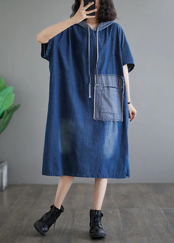 Casual Plus Size Blue Hooded Patchwork Denim Dress Summer