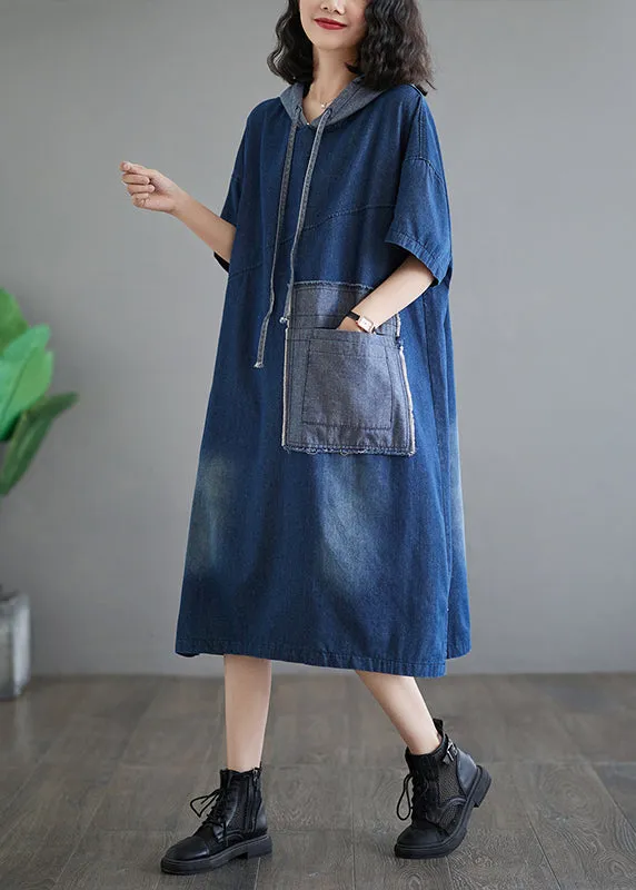 Casual Plus Size Blue Hooded Patchwork Denim Dress Summer