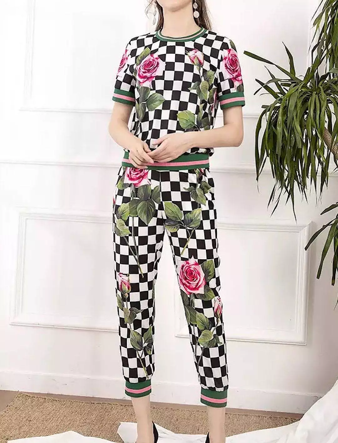 Checkers Rose Print Top and Pants Set