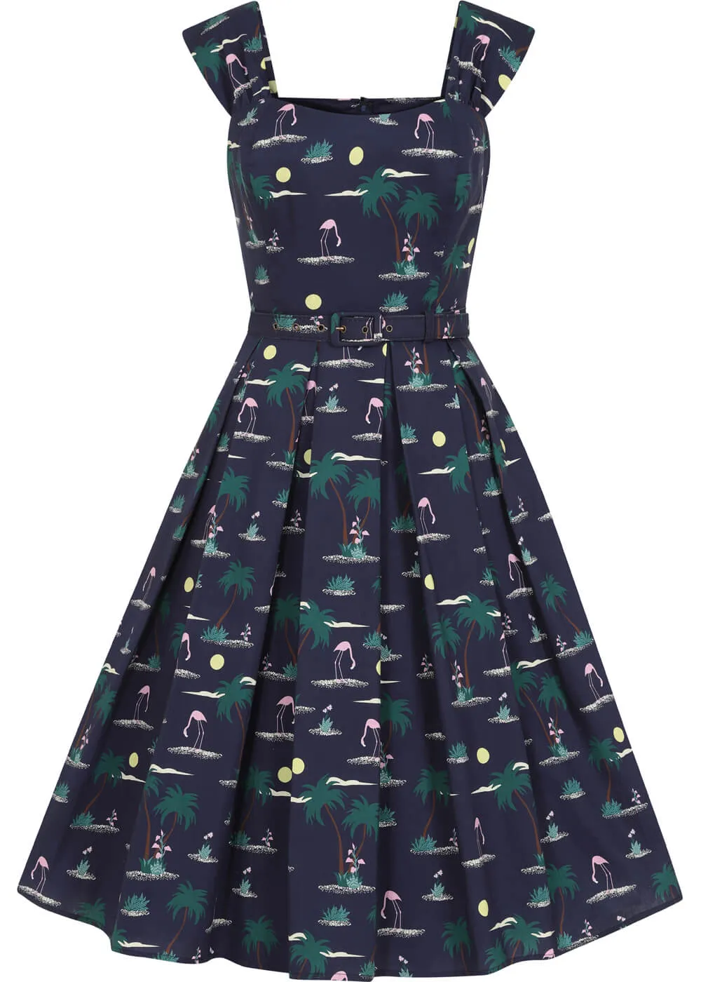 Collectif Jill Flamingo Palm 50's Swing Dress Navy