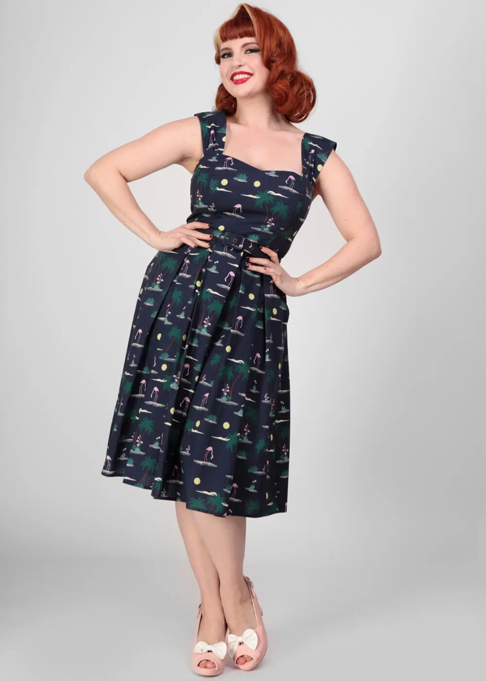 Collectif Jill Flamingo Palm 50's Swing Dress Navy