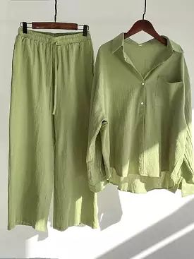 Cozy Green and White Plus Size Cotton Loungewear Set with Crop Top and Pants