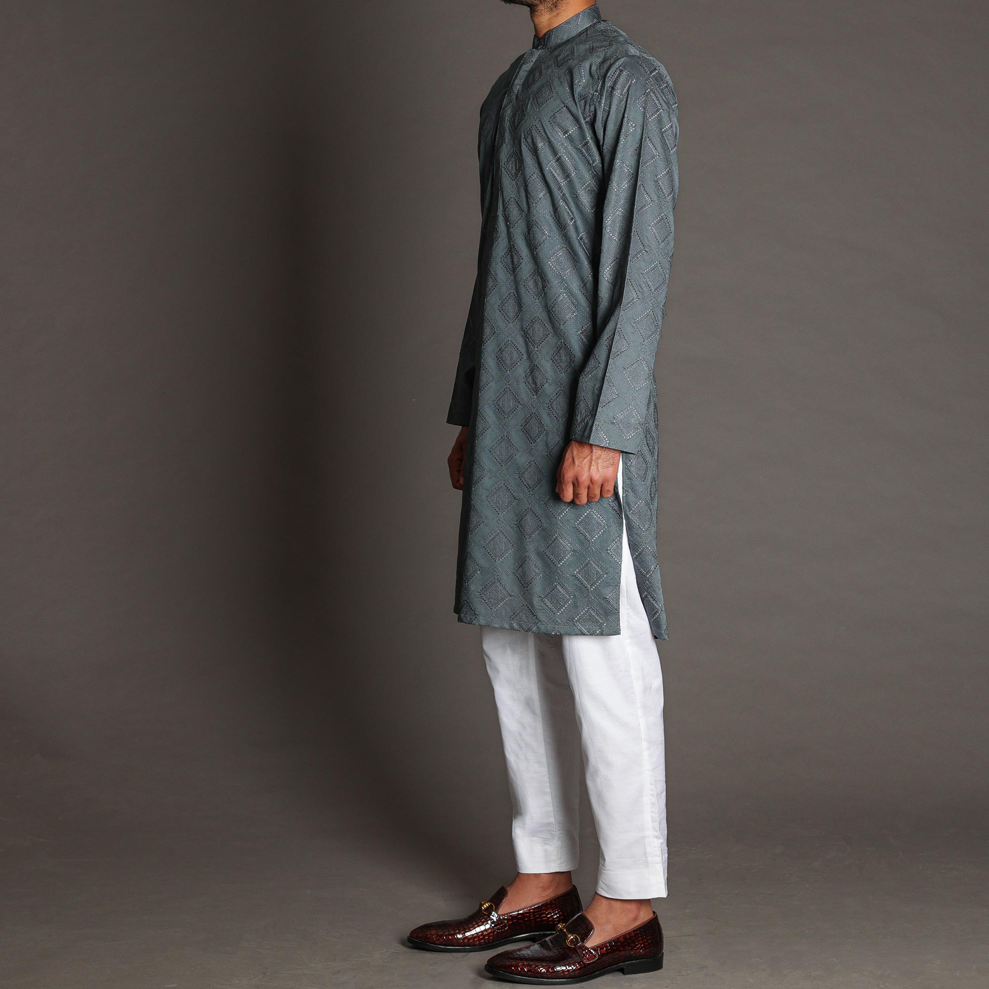 Dark Charcoal Grey Embroidered Kurta