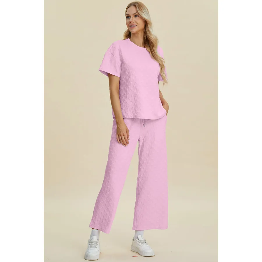 Double Take Full Size Texture Round Neck Short Sleeve Top and Pants Set