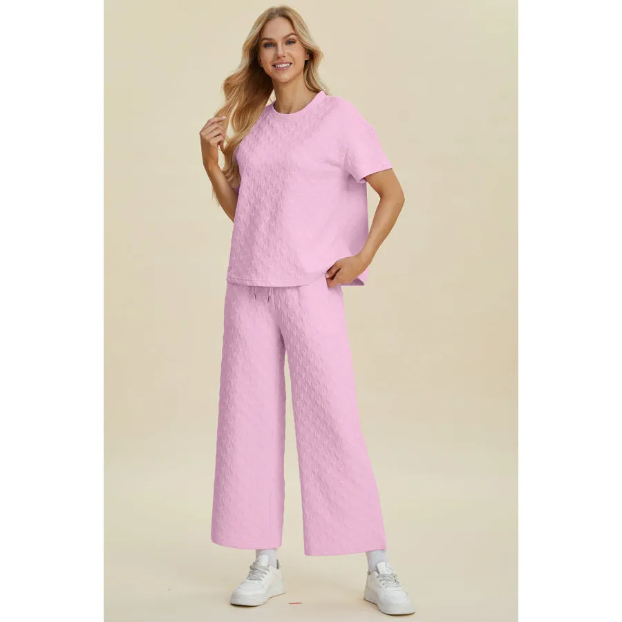 Double Take Full Size Texture Round Neck Short Sleeve Top and Pants Set