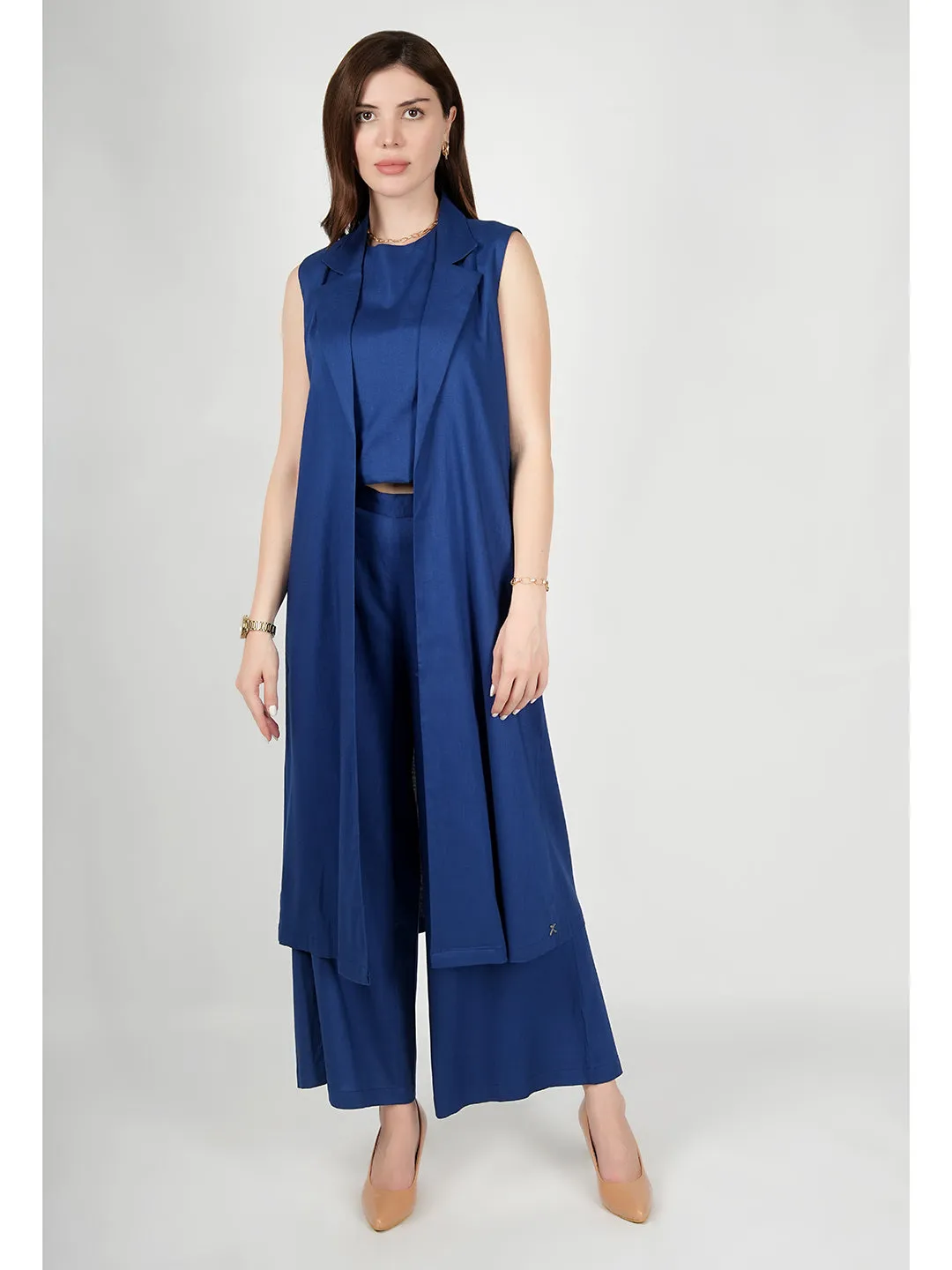 Exude Lustrous Long Jacket , Top with Wide Leg Trouser (Royal Blue)