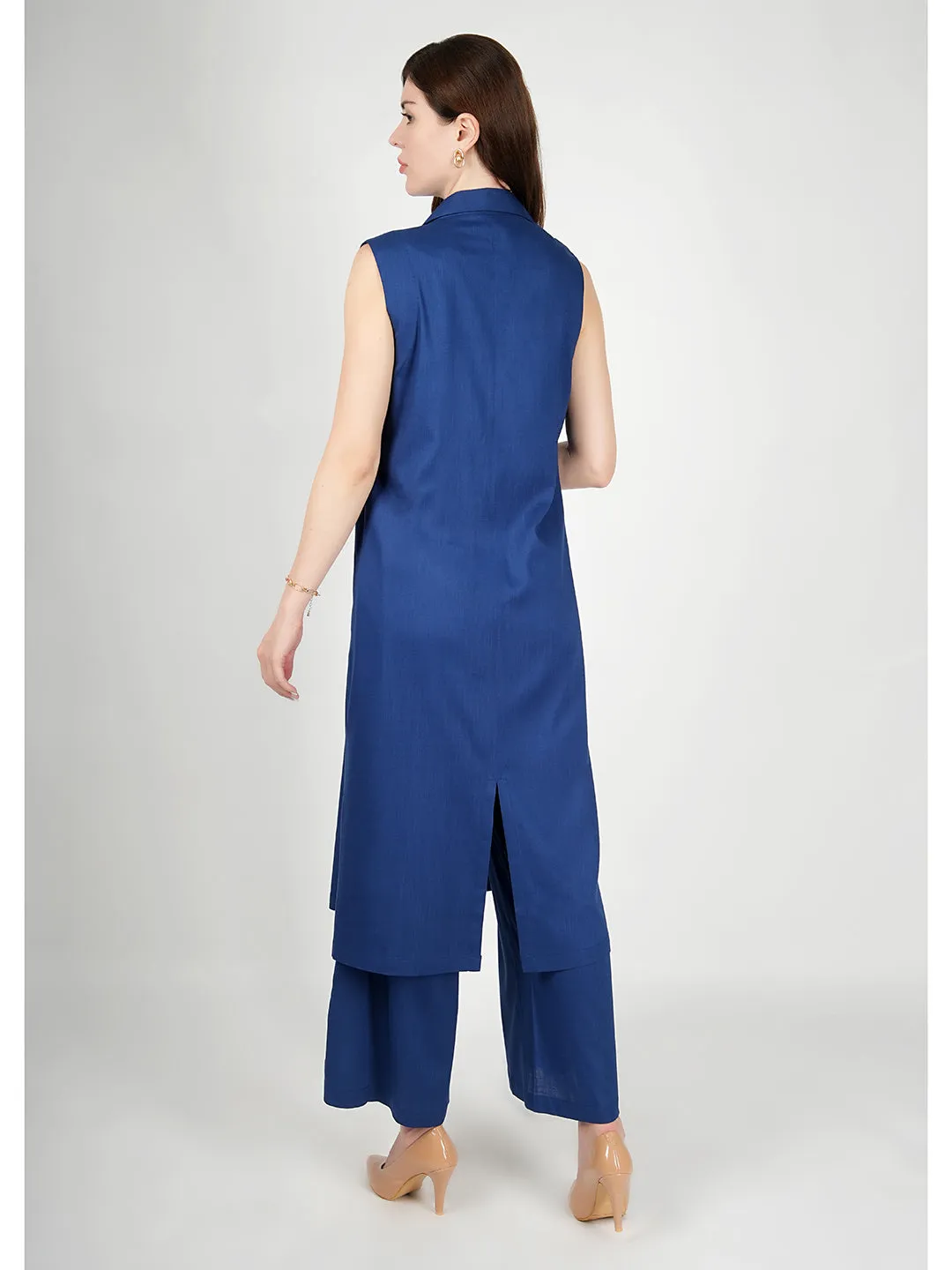 Exude Lustrous Long Jacket , Top with Wide Leg Trouser (Royal Blue)