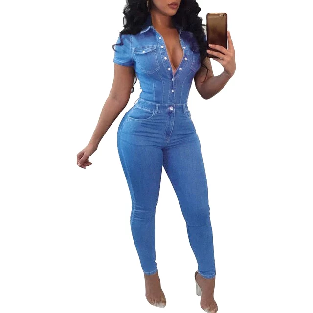 Fashion Women Denim Jumpsuit Casual Rompers Female Streetwear Overalls Pockets Playsuit Bodysuit Women Slim Jumpsuit