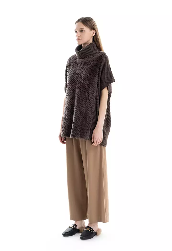 Faux Fur Hem Slip On Knitted Poncho