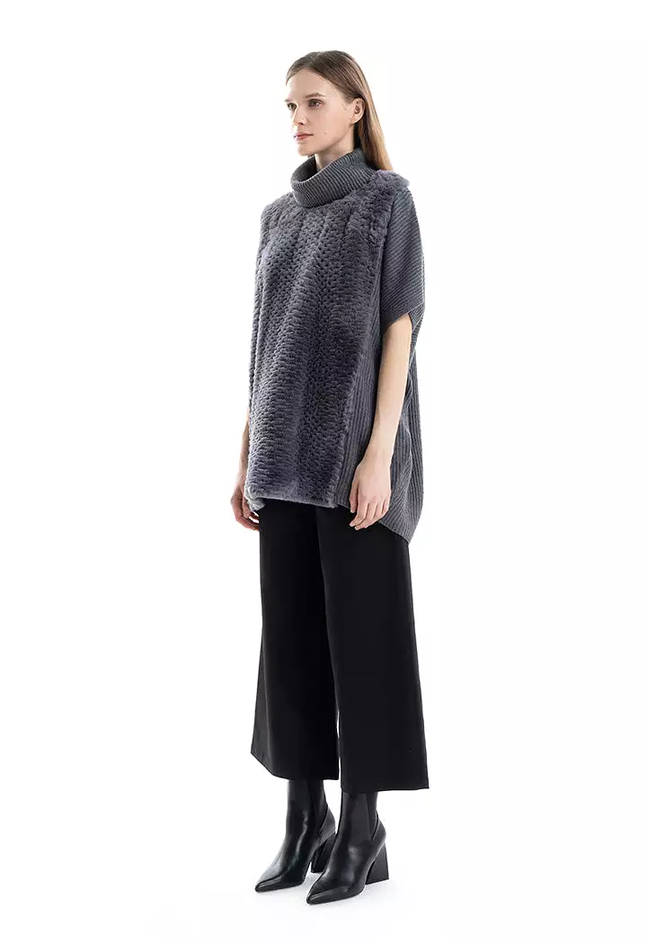 Faux Fur Hem Slip On Knitted Poncho