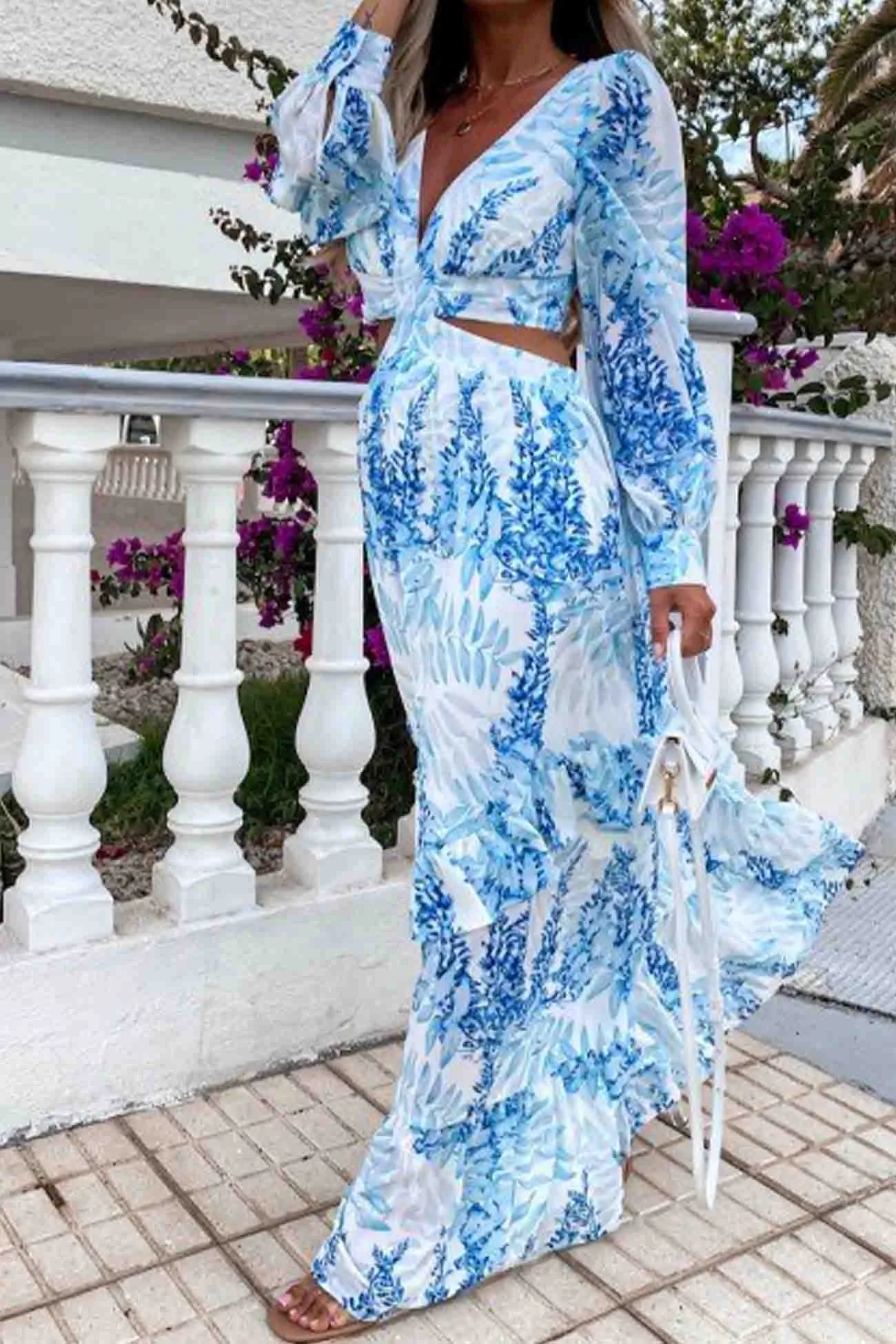 Floral Printed V Neck Cutout Maxi Dress