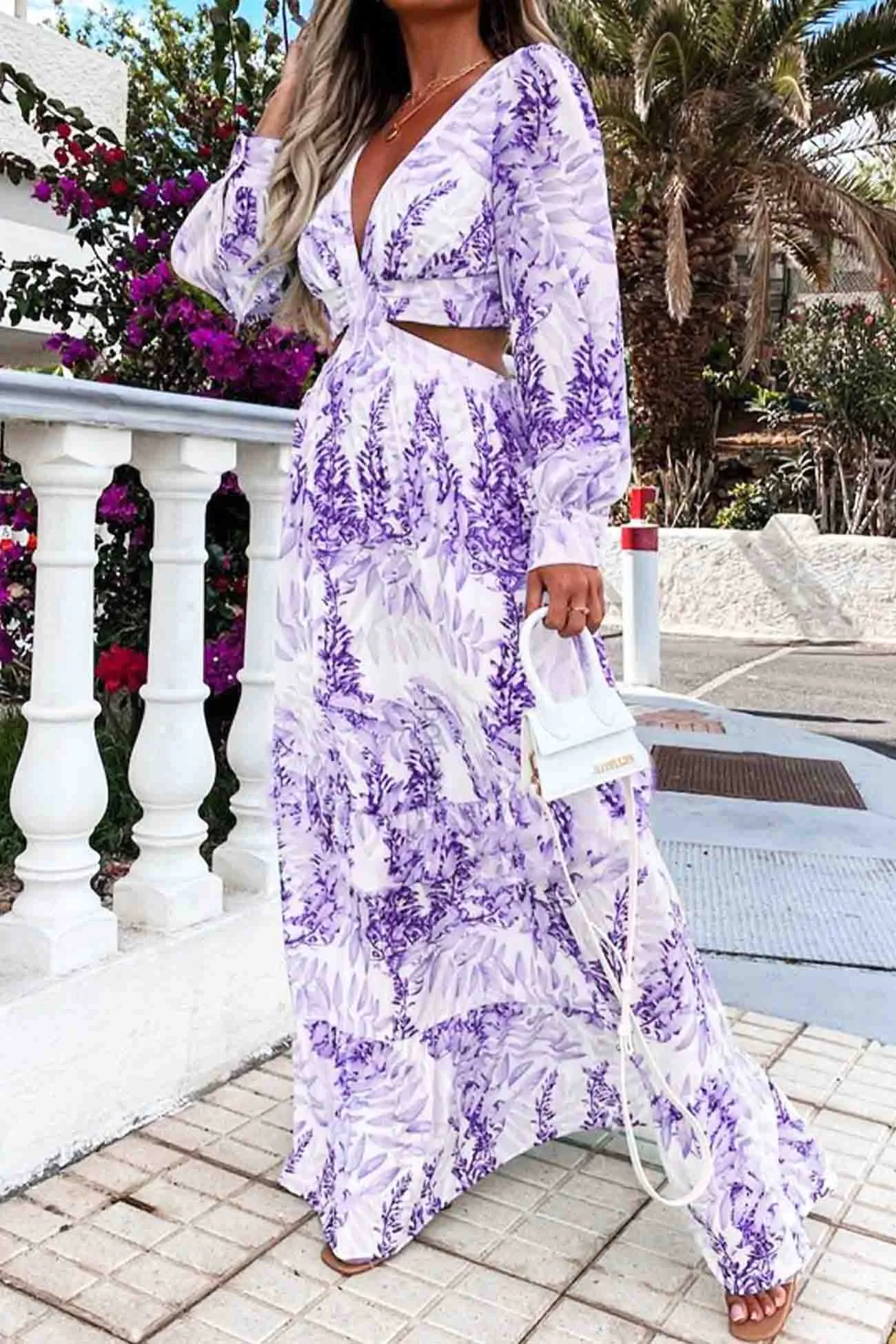 Floral Printed V Neck Cutout Maxi Dress