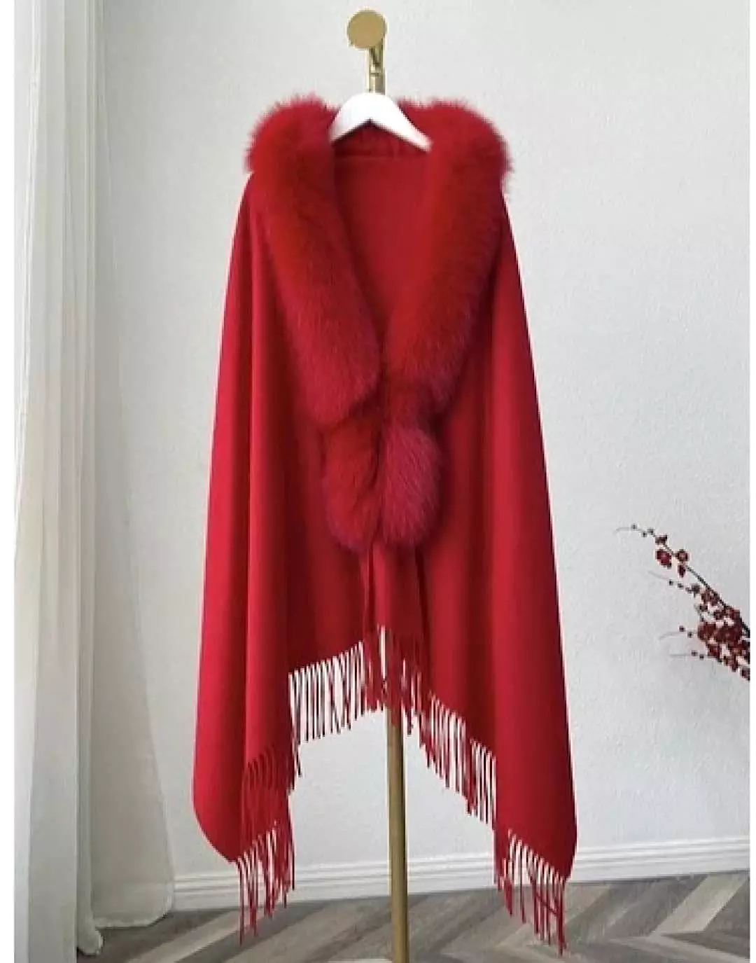 Fox Fur Trimmed Poncho Shawl