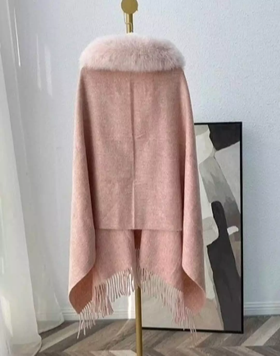 Fox Fur Trimmed Poncho Shawl