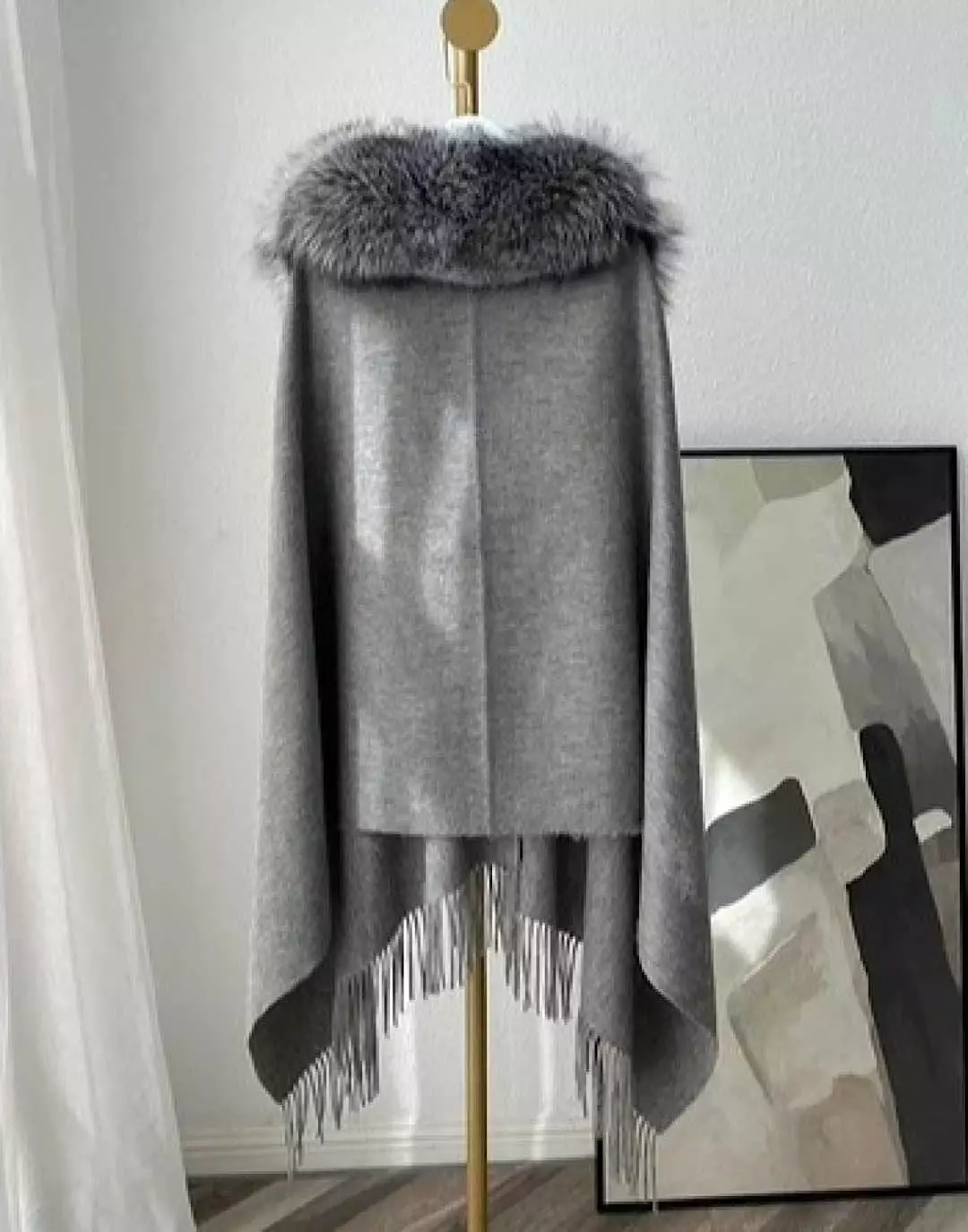 Fox Fur Trimmed Poncho Shawl