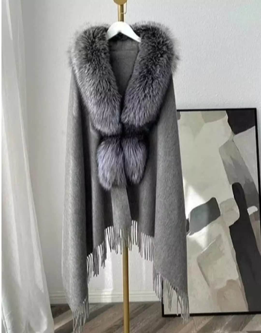 Fox Fur Trimmed Poncho Shawl