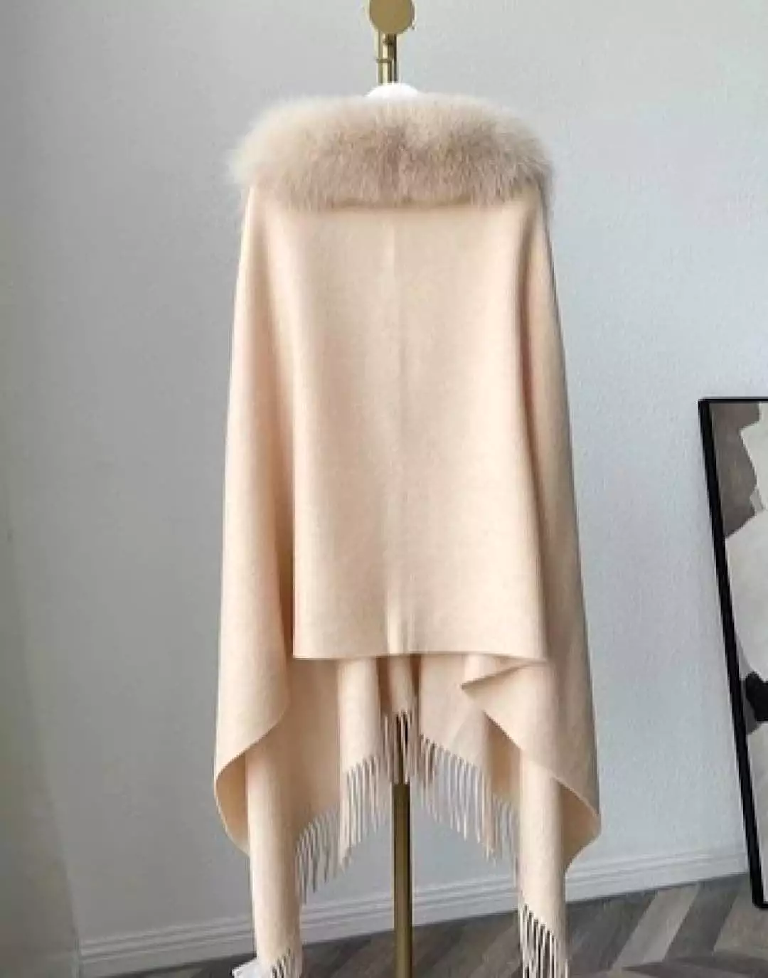 Fox Fur Trimmed Poncho Shawl