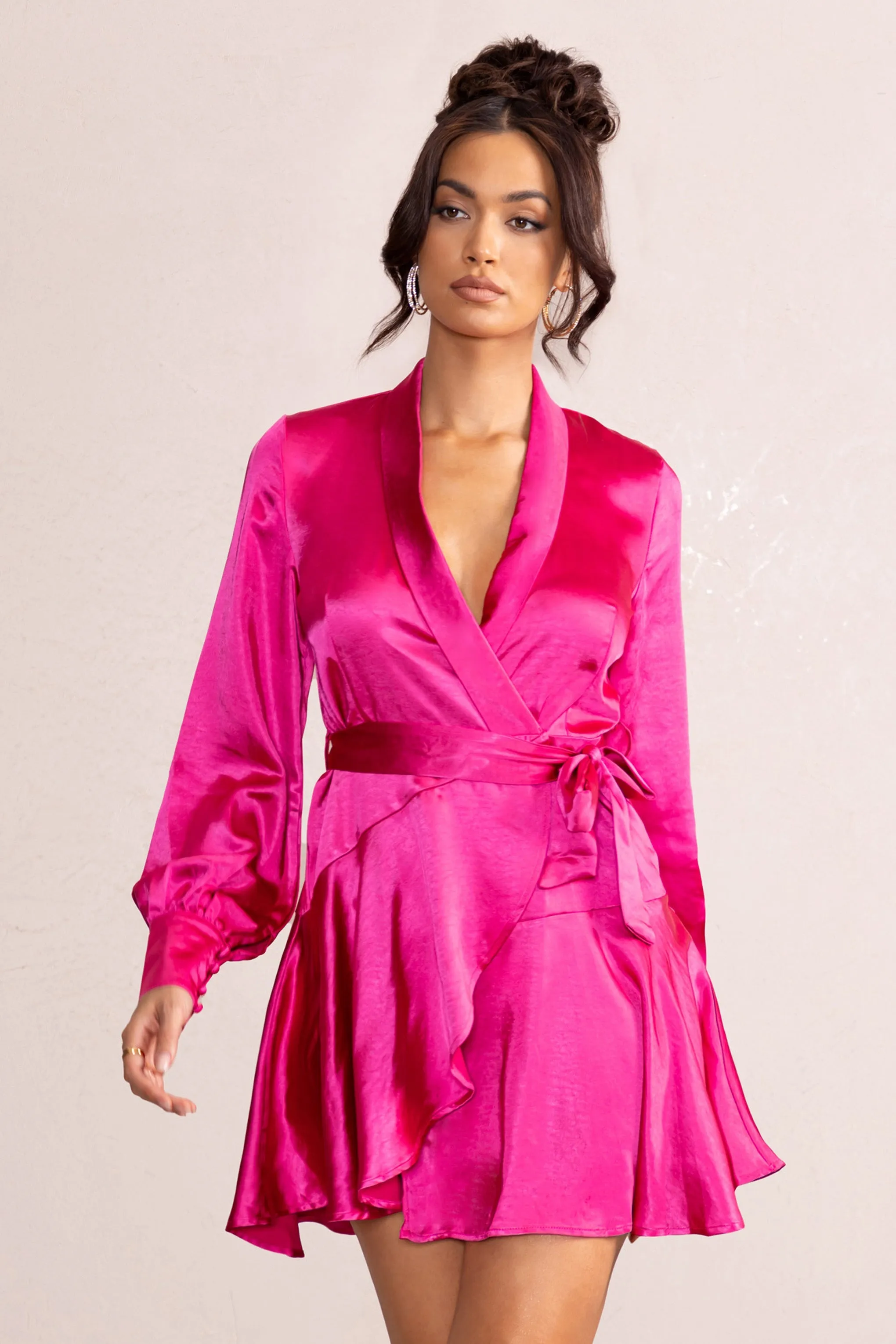 Gemstone | Hot Pink Satin Belted Wrap Mini Dress