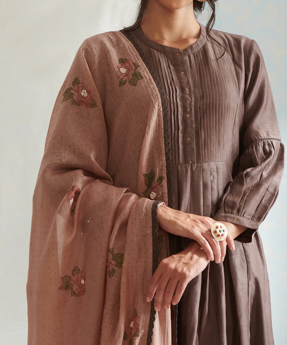 Handloom Brown Gathered Chanderi Kurta Set with Pants And Hand Block Printed Dupatta