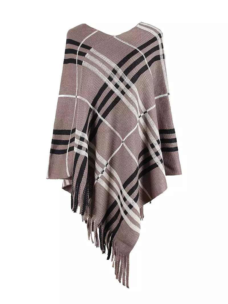 Haute Edition Women's Plaid Poncho with Fringe. One size fits all (S-XL).